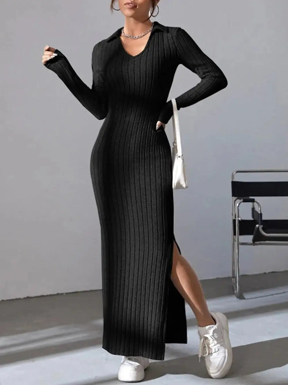 2024 Spring/Summer Knitted Dress Slim Fit Fashion Casual Women's Lapel Long sleeved Dress Concave Stripe Solid Color Long Dress
