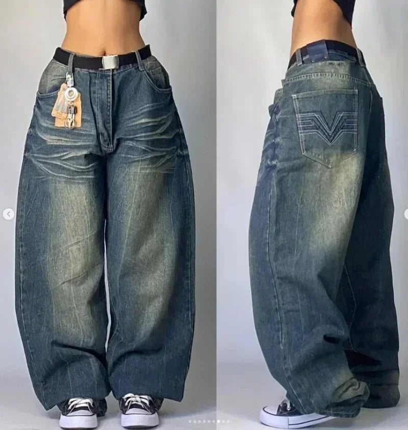2024 New American Trend Retro Hip-hop Embroidery Pattern Baggy Jeans For Men And Women Y2K Harajuku Gothic Wide Pants Streetwear Lootquake LLC