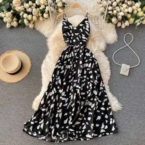 Neploe Vintage Print Holiday Long Dress Women High Waist Hip A Line Vestidos Summer 2025 New V Neck Sleeveless Camis Robe Slim