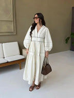 Elegant Lace Patchwork Hollow Out Dress Women Solid V-neck Long Lantern Sleeve Loose Dresses 2025 Spring Vacation Lady Robes