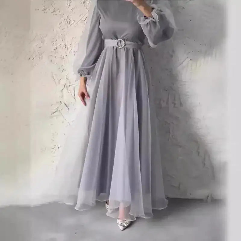 Spring Elegant Mesh Dress Muslim Women Fashion Solid High Waist Mesh Lantern Sleeves Long Dress Women