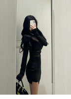 Pile Up Sleeves New Sexy Black Fishbone Dress Personalized Slim Women Dress Thin Gauze Perspective Wrap Around Buttocks  F8Q3