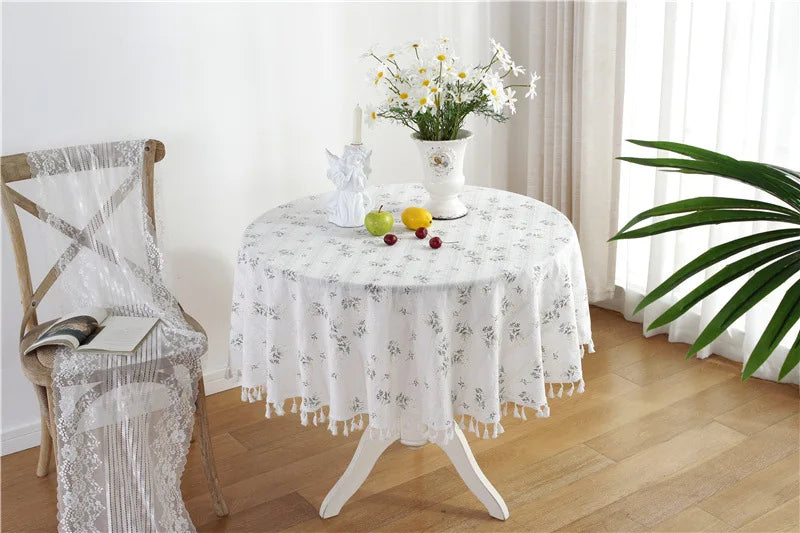 Cotton Table Cloth Round Tablecloth with Tassel Dust-Proof Floret Circular Table Cover for Kitchen Dinning Room Tabletop Decor Lootquake LLC