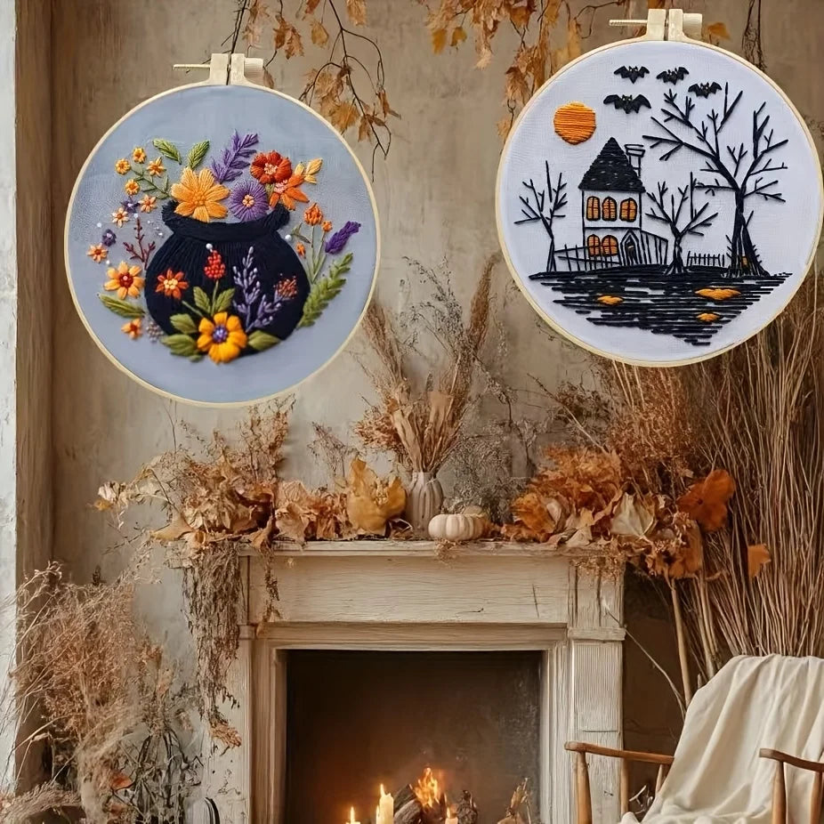 Halloween-themed pattern hand-embroidery DIY set material package, the set includes needles, threads, embroidery strips, and an Lootquake LLC