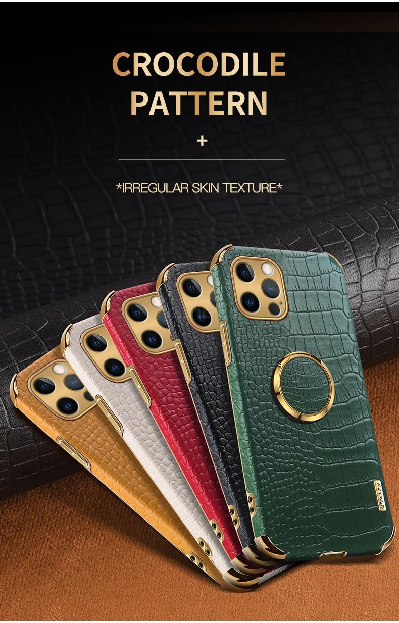 Crocodile Leather Case For iPhone 13 12 Mini Shockproof Magnetic Ring Holder Phone Cover Ultra-thin Soft Crocodile Leather Shockproof Bumper With Ring Bracket Protective Cover for iPhone Stevvex