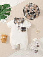 Two-piece baby boy design simple plaid neckline front pocket with plaid hat shorts spring/summer set