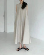 2022 Minimalist Chic Loose Swing Sleeveless Mid-length Casual Cotton Linen Long Dress  Round Neck High Waist Women Runway Dress