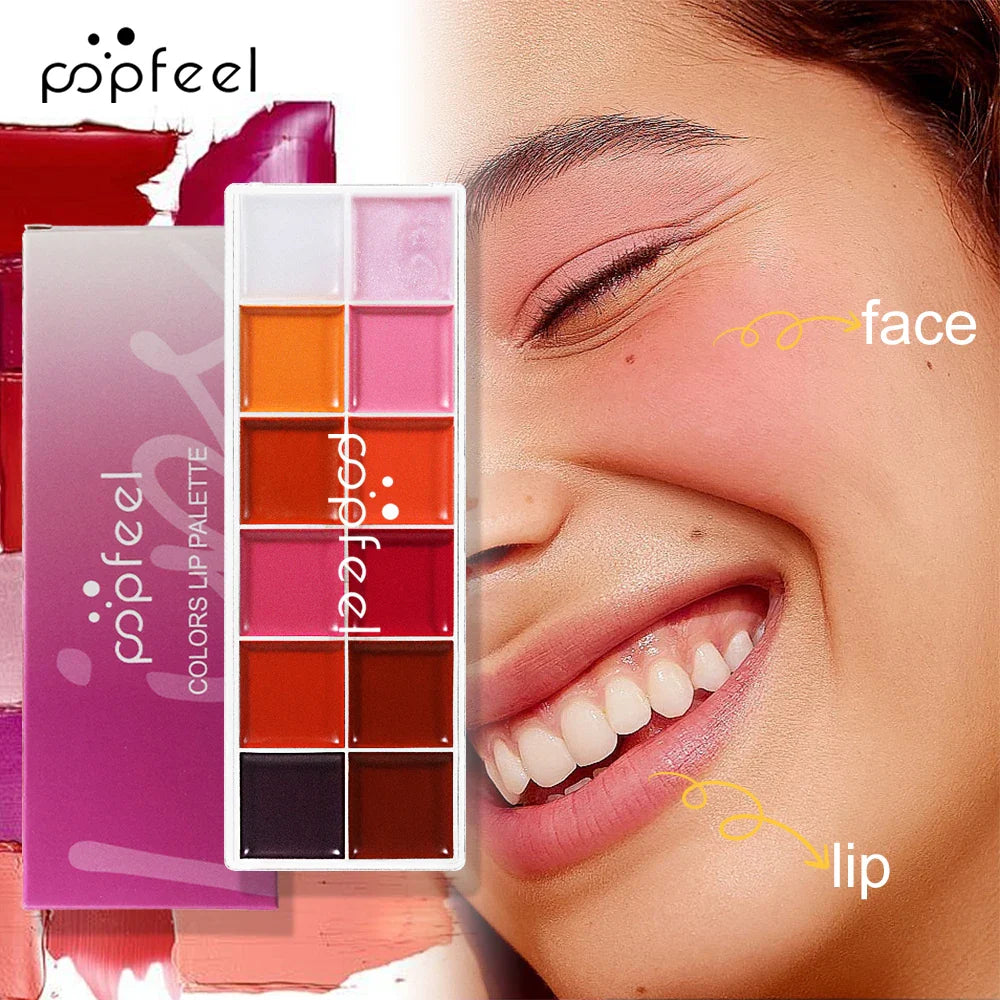 POPFEEL 12 Color Long-Lasting 2-in-1 Lipstick & Blush Palette - Lightweight, Hydrating Formula for Effortless Beauty。 Lootquake LLC