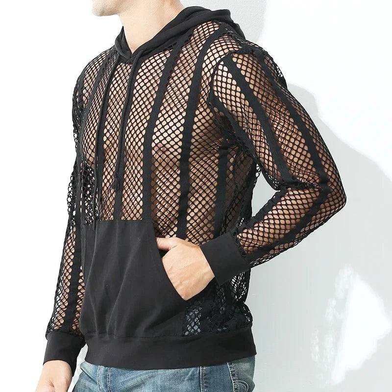 Men Mesh Shirt Transparent Long Sleeve Men Clothing Sexy Solid Party Nightclub Hooded Tops Lootquake LLC