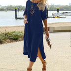 Spring Cotton Linen Oversize Women's Long Dress Black O-neck Pockets Side Split Loose Dresses Female Casual Ladies Clothes