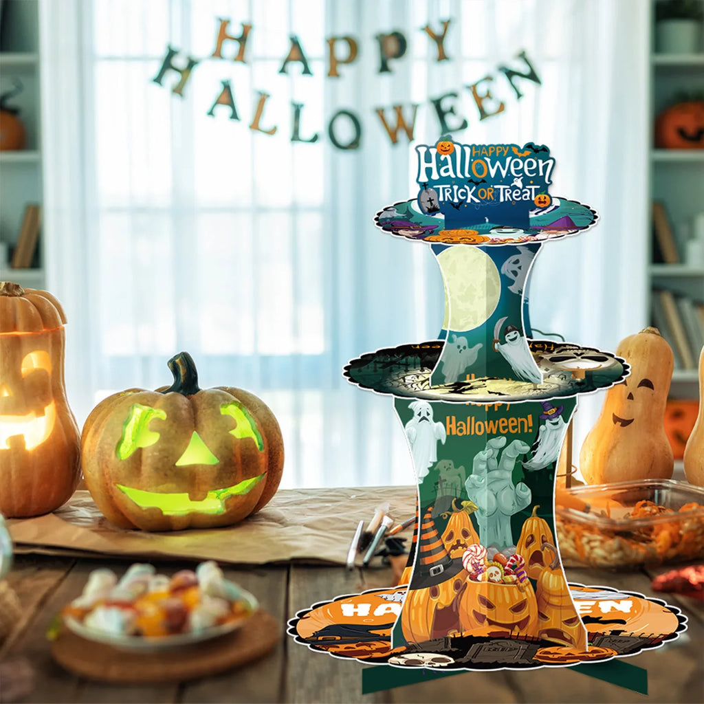 3-Tier Halloween Paper Dessert Stand - DIY Spooky Party Candy Display with Ghost/Pumpkin/Bat Printed Buffet Table Decor Lootquake LLC