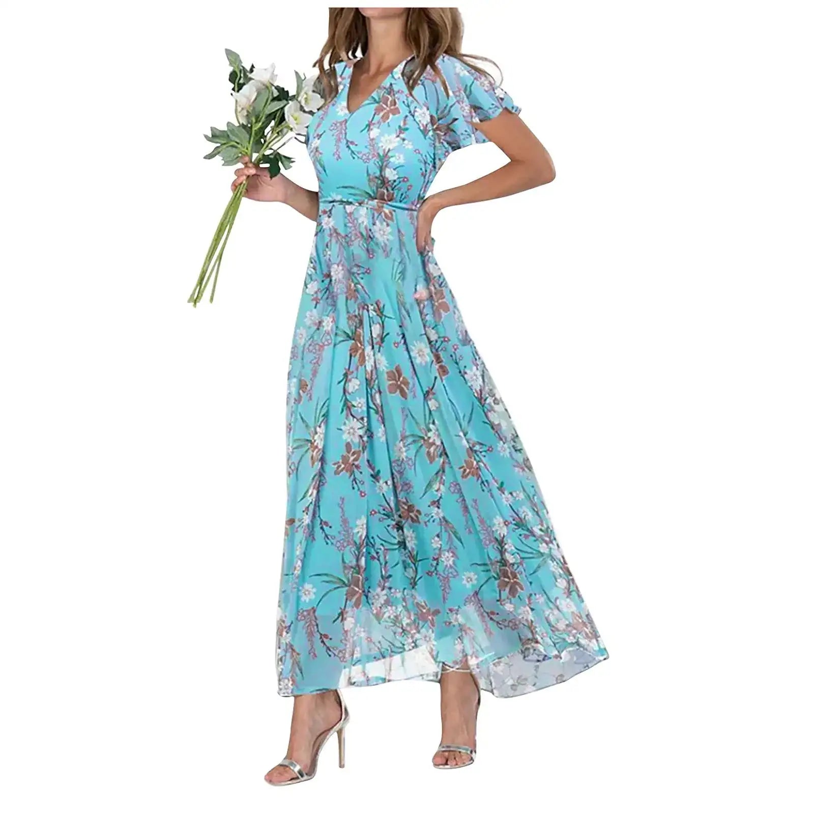 Vestidos Verano Moda 2024 Women's Swing Long Dress Chiffon Floral Short Sleeve Ruffle V Neck Fashion Waist Flowy Dress платье