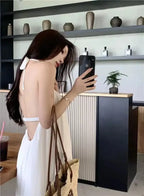Summer Vacation Dress Thailand Style Open-back Halter Neck Age-reducing Photography Beach Long Dress Belted
