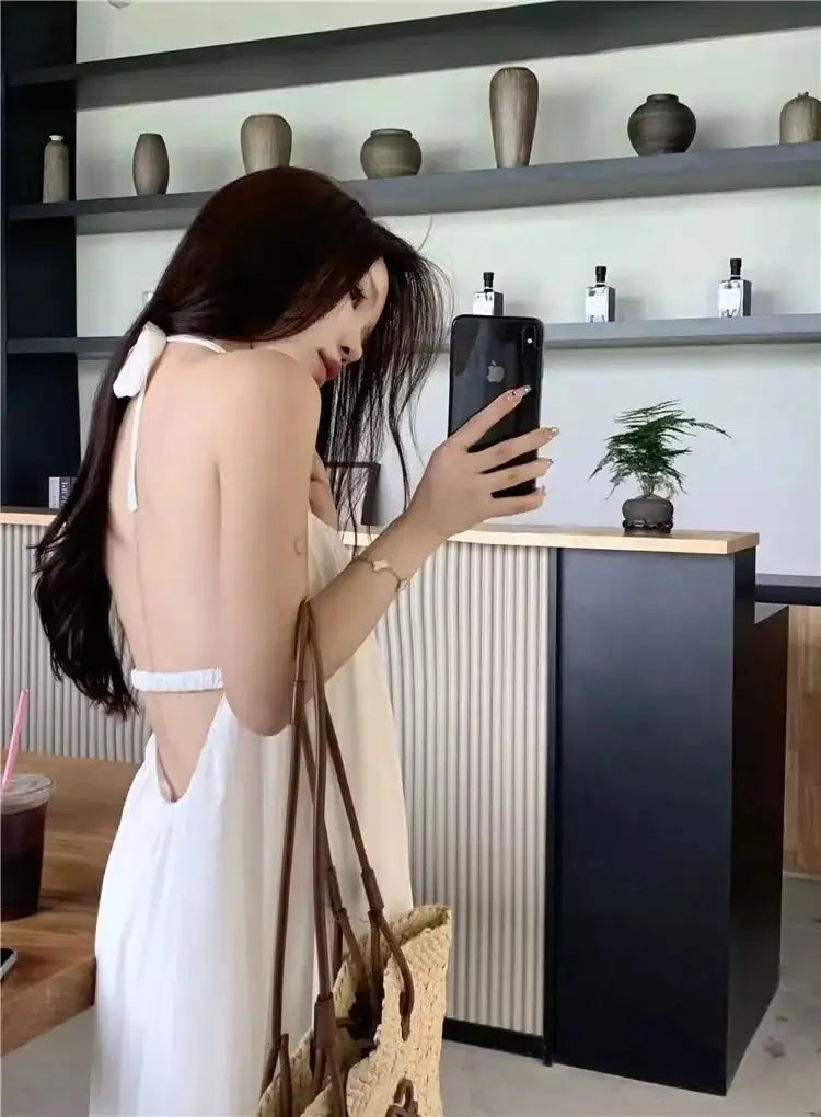 Summer Vacation Dress Thailand Style Open-back Halter Neck Age-reducing Photography Beach Long Dress Belted