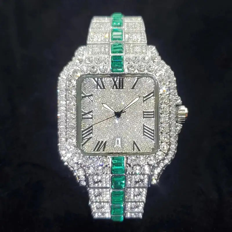 Luxury Full Diamond Watch for Men Fashion Green Iced Out Bling Square Watches Hip Hop Rap Jewelry Relogio Masculino Dropshipping