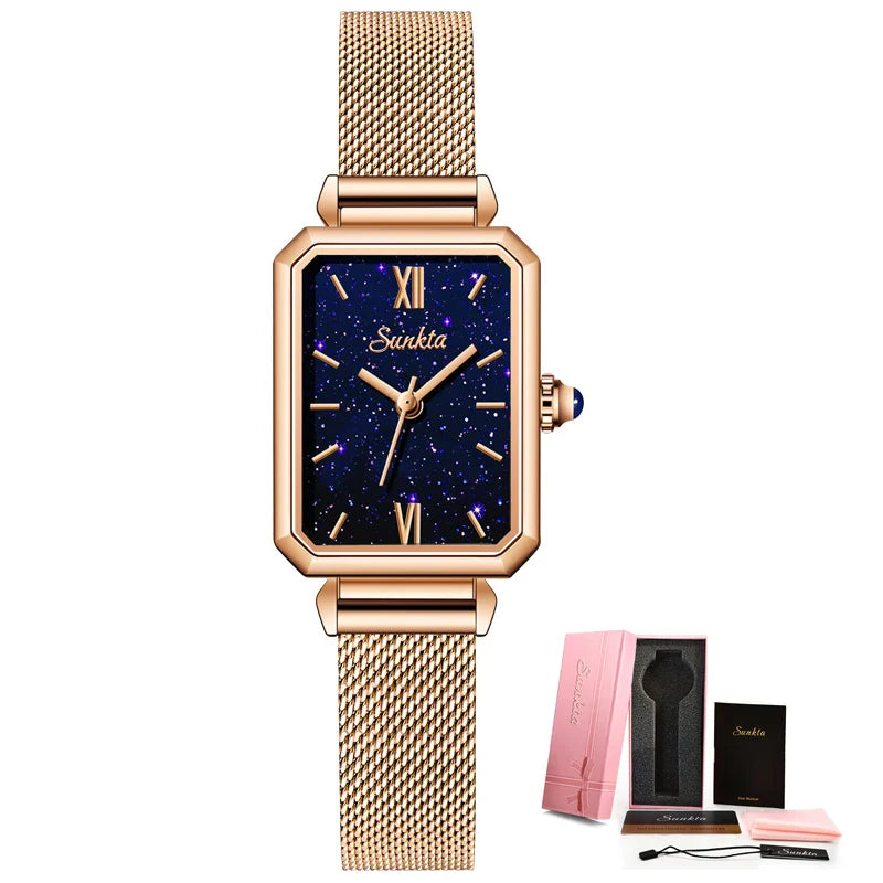 Women's Rectangular Green Dial Mesh Band Quartz Watch