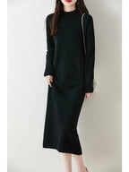 Autumn Winter Women's Wool Long Dress Cashmere Mock Neck Pullover Sweater 100% Merino Wool Soft Knitwear OL Simple Basic Dress Lootquake LLC