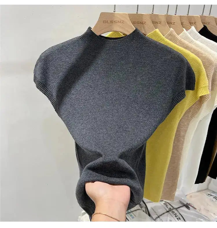 Half High Collar T-shirts Flying Sleeve Design Slim Knitted Sleeveless Top Women Simple Comfortable White T-shirts Summer 2025