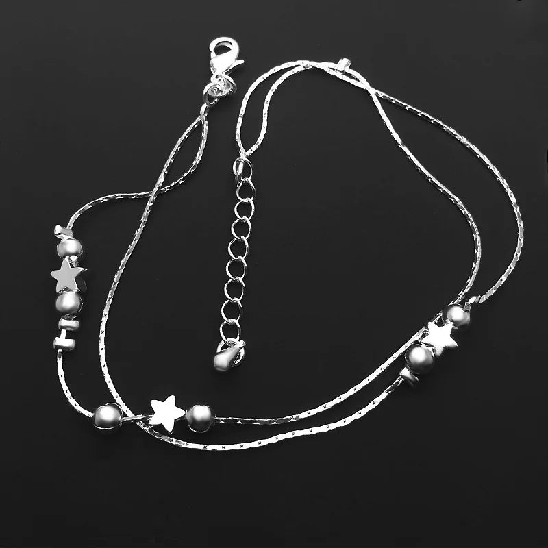 Silver color Stars Anklet Double Layer plated Charms Ankle Bracelet Jewellery Anklets For Women Foot Jewelry Love 2023 new hot Lootquake LLC