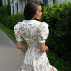 Puff Sleeve V-Neck Mini Dress | Printed Ruffled Pearl Button Dress - Femstylo