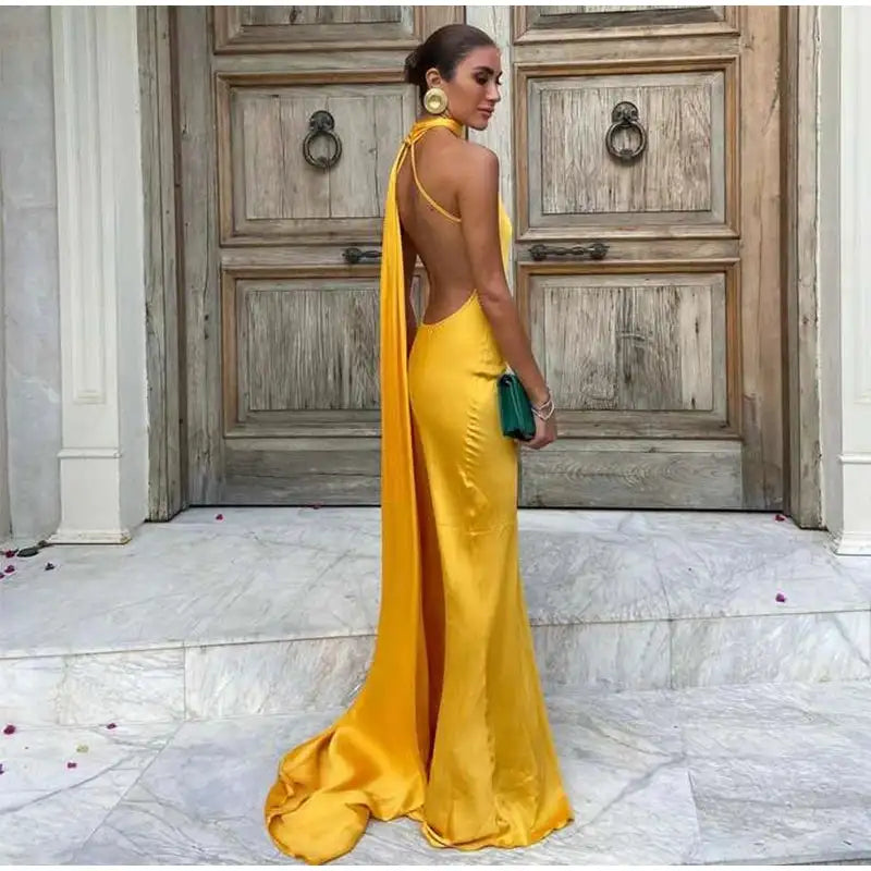 Elegant Satin Halter Slim Long Dress With Scarf Women New Sexy Backless Sleeveless Maxi Dresses Summer Lady Party Chic Vestidos