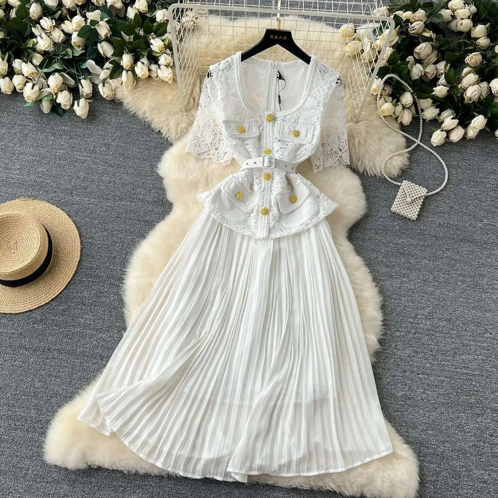 Designer 2025 Summer Pleated Chiffon Lace Long Dress Women Flower Embroidery Gold Button Belt Evening Party Dresses Wedding Robe Lootquake LLC