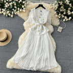 Designer 2025 Summer Pleated Chiffon Lace Long Dress Women Flower Embroidery Gold Button Belt Evening Party Dresses Wedding Robe Lootquake LLC