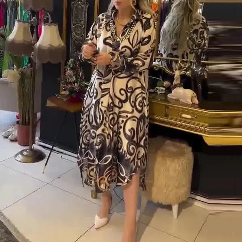 Vintage Fashion Printed V-neck Long Dress Women Spring Long-sleeved Loose Bohemian Dress Autumn Casual A-Line Maxi Dress Vestido