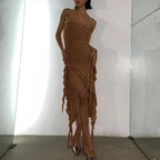 Cryptographic Irregular Ruffle Off Shoulder Sexy Backless Midi Dress for Women Elegant Birthday Vestido Summer Sundresses Ruched