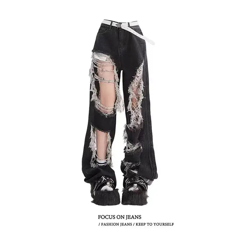 Women's Gothic Black Jeans High Waist Vintage Korean Fashion Y2k Streetwear Ripped Pants Harajuku Casual Wide Leg Denim Trousers