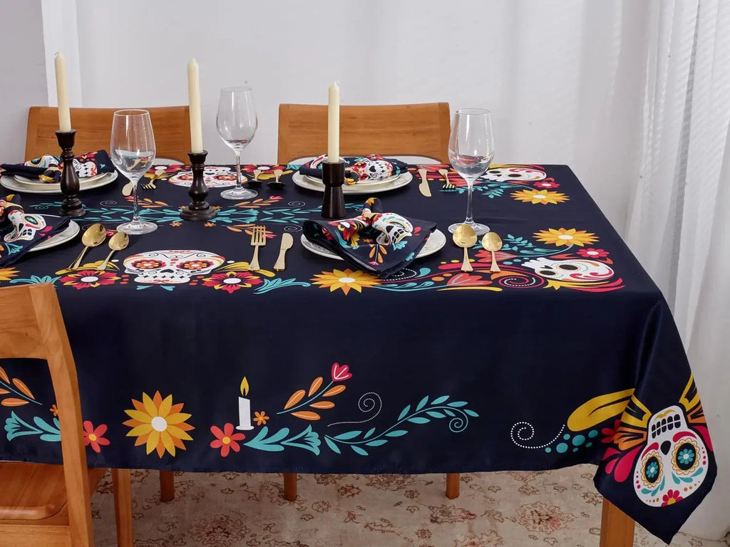 Mexican Sugar Skull Day of The Dead Waterproof Tablecloth Fiesta Decor Dia De Los Muertos Tablecloth Halloween Decorations Lootquake LLC