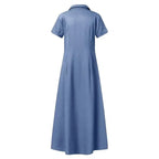 2024 Women New Lapel Pocket Splicing Casual Short Sleeved Solid Color Large Swing Denim Dress Loose Single Breasted Shirt Dress