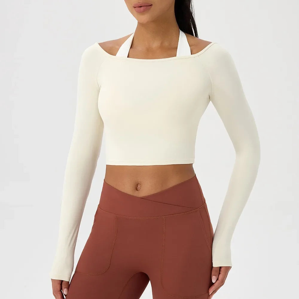 Off Shoulder Long Sleeve Yoga Top THRIXINE