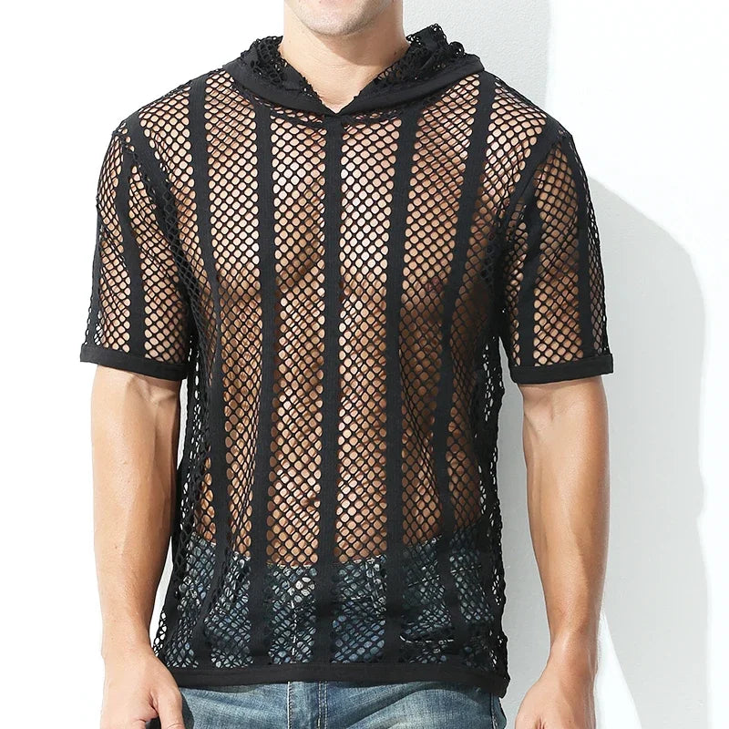 Men Mesh Shirt Transparent Long Sleeve Men Clothing Sexy Solid Party Nightclub Hooded Tops Lootquake LLC