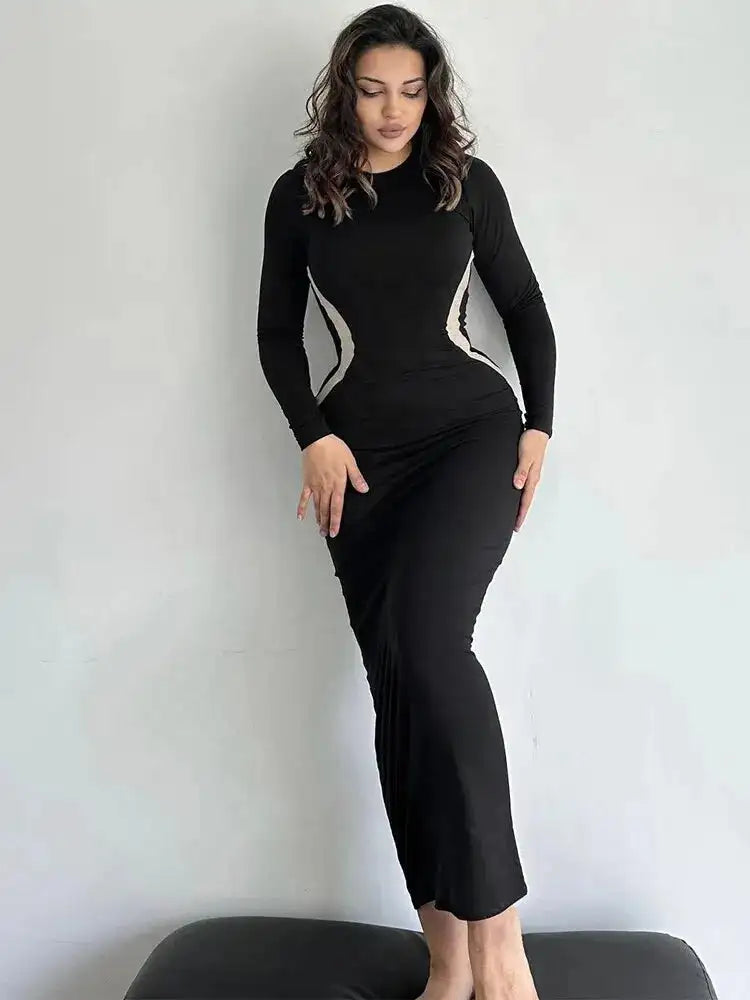 Hawthaw Women 2023 Autumn Winter Long Sleeve Party Club Streetwear Bodycon Black Long Dress Wholesale Items For Business