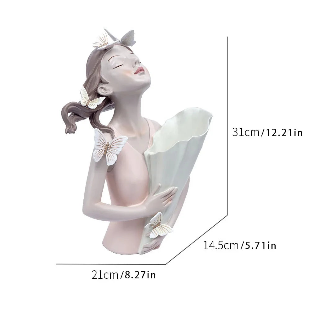 New Butterfly Girl Sculpture Vase Bust Model Art Modern Storage Statues Home Living Room Desktop Decor Character Figurine