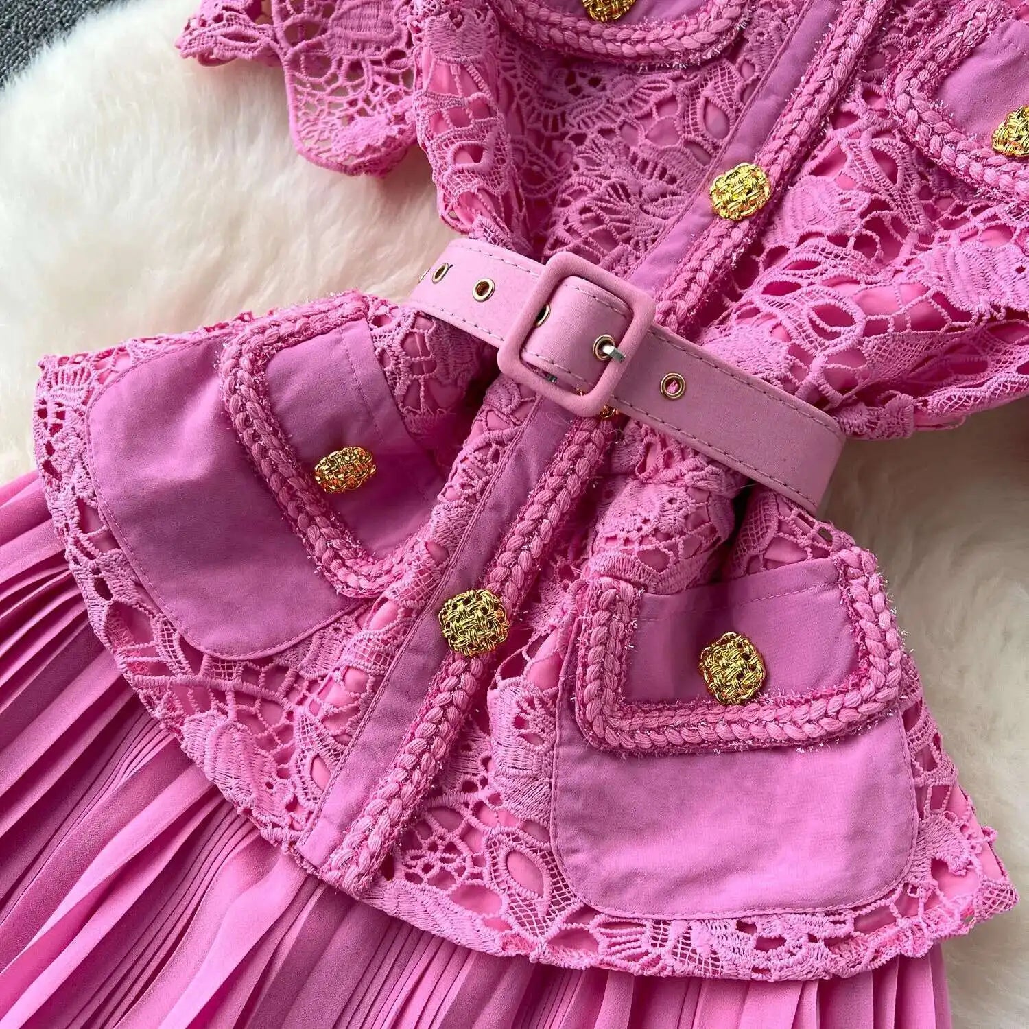 Designer 2025 Summer Pleated Chiffon Lace Long Dress Women Flower Embroidery Gold Button Belt Evening Party Dresses Wedding Robe Lootquake LLC