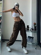 Vintage Cargo Pants Women Gyaru Brown Fashion Baggy Baddies Streetwear Hippie Trousers Casual 90s Aesthetic - SJB-DIAMOND ELITES