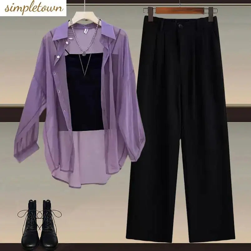 Summer Set Women's 2024 New Style Wear Sunscreen Chiffon Shirt with Slimming Slimming Suit Pants Three Piece Set