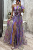 Elegant Oblique Shoulder Single-sleeve  Zipper High Slit Mesh Long Dress For Women Fashion Flower Decoration Party Dress Female