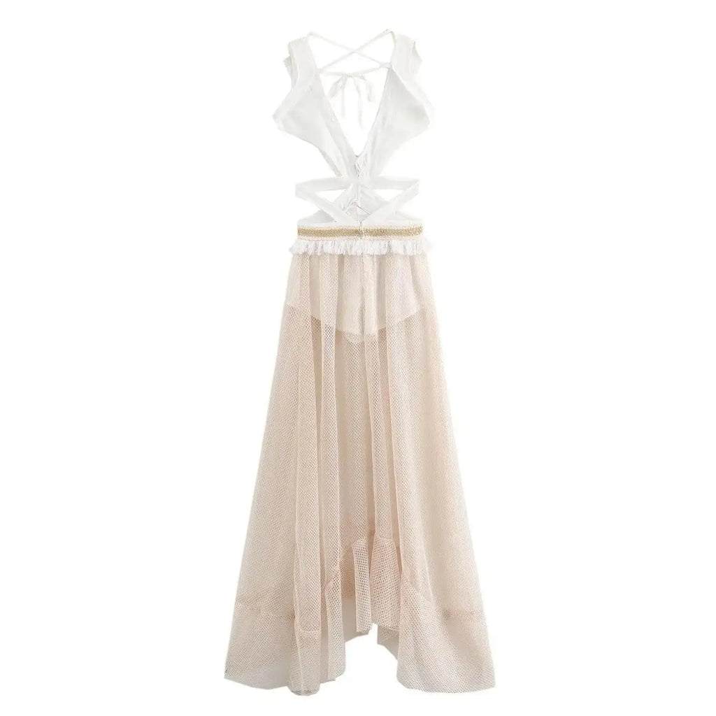 2024 Summer Beach Party Robes Women Fashion Deep V Neck Sleevelss See Through Dresses Sexy Printed Tassels Patchwork Long Dress