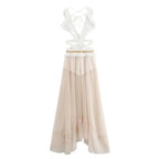 2024 Summer Beach Party Robes Women Fashion Deep V Neck Sleevelss See Through Dresses Sexy Printed Tassels Patchwork Long Dress