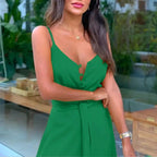 Elegant and Sexy Summer Women's V-neck Beach Dress with High Waist Waist Waist Waist Belt and Sling Long Dress for Party