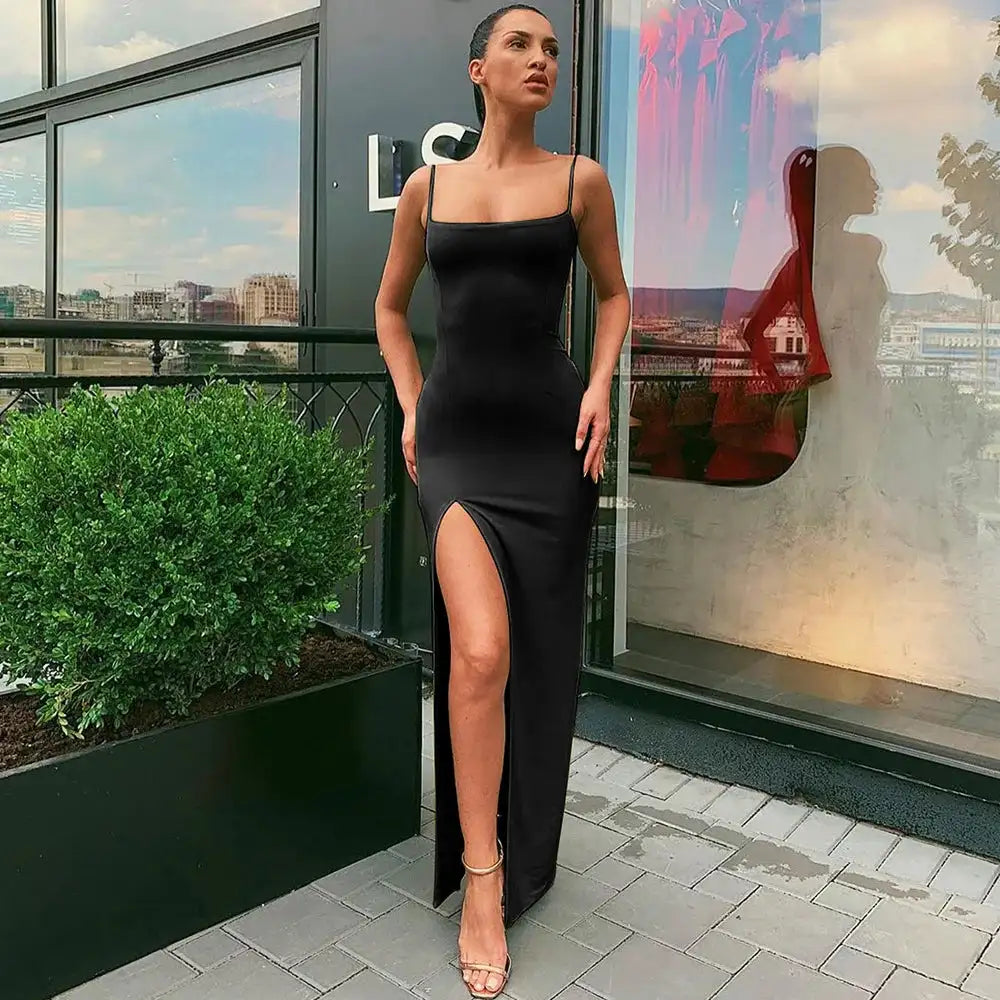 Summer Sexy Dress Women's New Slim Slim Fit Open Back Sexy Split Dress Long Dress Street Style Retro Dress Elegant Robe