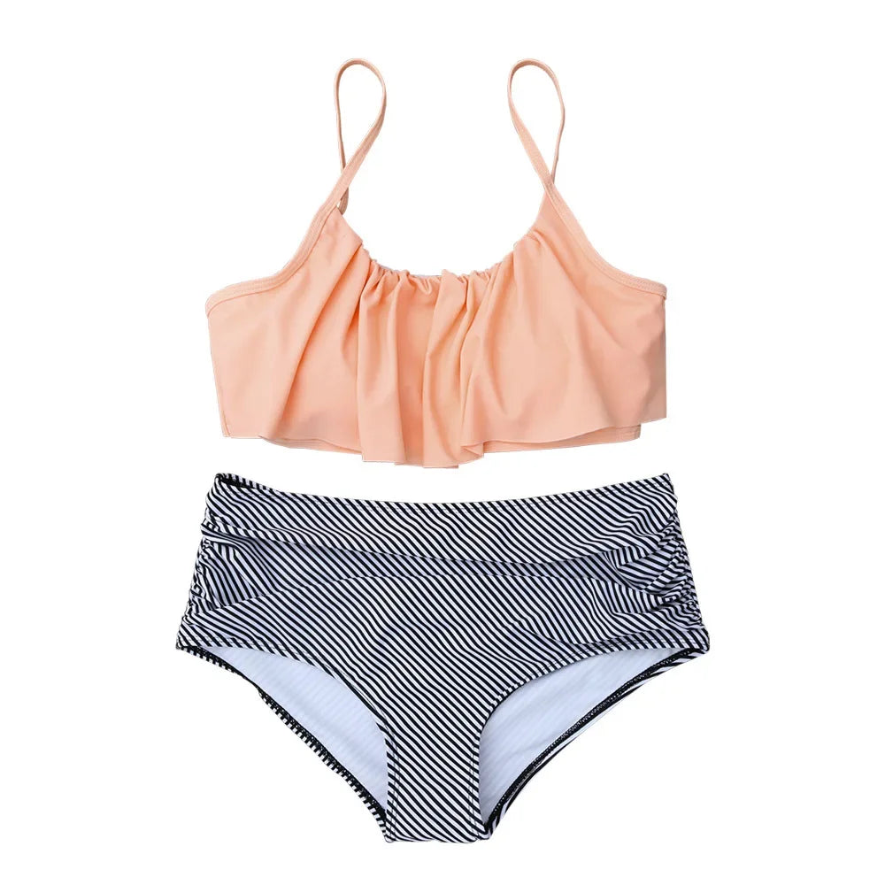 Pink Stripe High Waisted Bikini Set THRIXINE