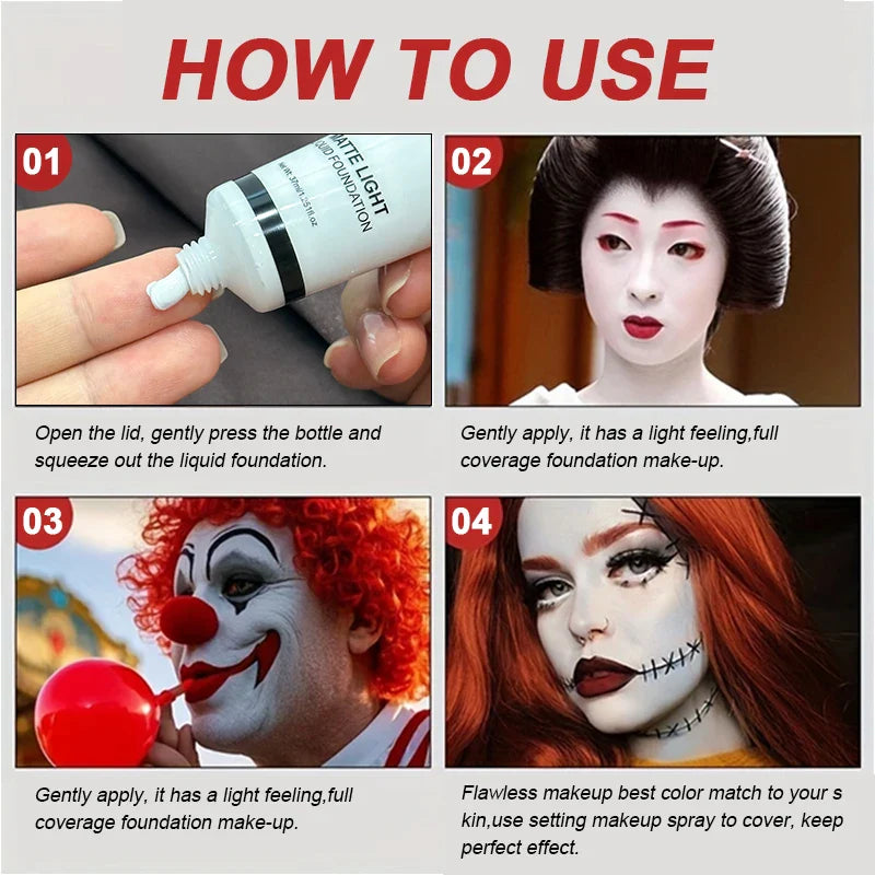 White Liquid Foundation - Full Coverage, Oil Control & Long Lasting, for Stage Makeup, Halloween, Cosplay Makeup (37ml) Lootquake LLC