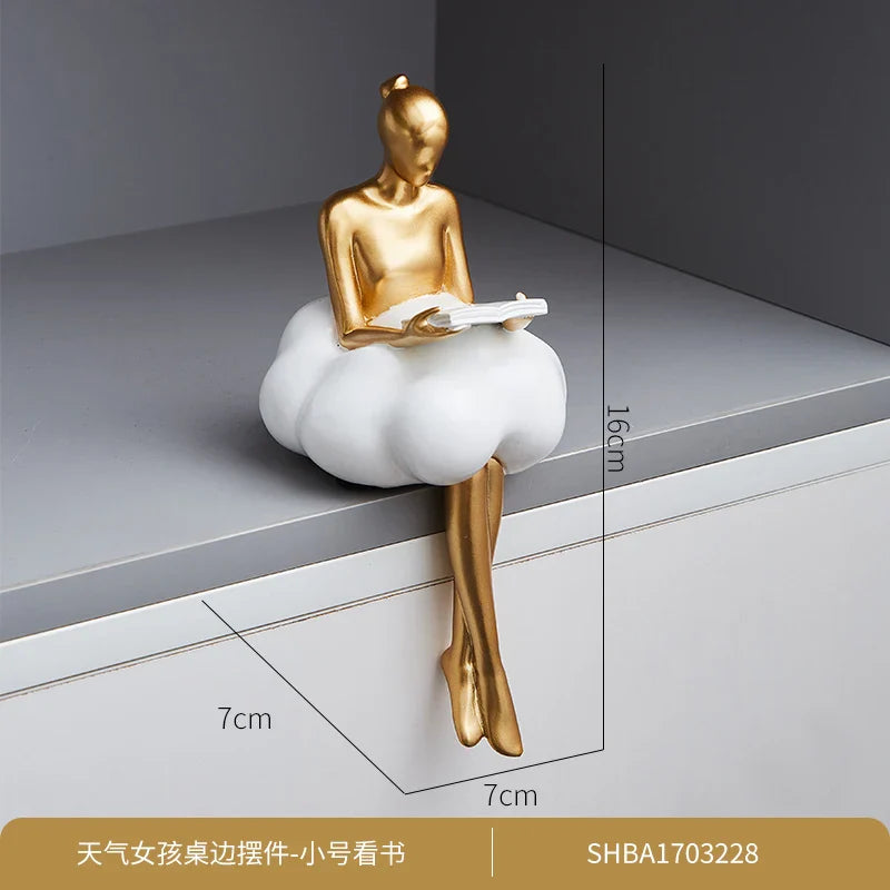 Sitting ballet girl art Golden sculpture Sitting posture ornament home accessories Statuettes Figurines office decor Statues Lootquake LLC