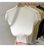 Half High Collar T-shirts Flying Sleeve Design Slim Knitted Sleeveless Top Women Simple Comfortable White T-shirts Summer 2025