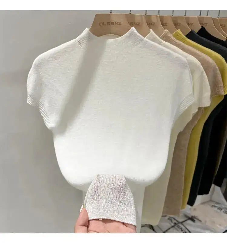 Half High Collar T-shirts Flying Sleeve Design Slim Knitted Sleeveless Top Women Simple Comfortable White T-shirts Summer 2025