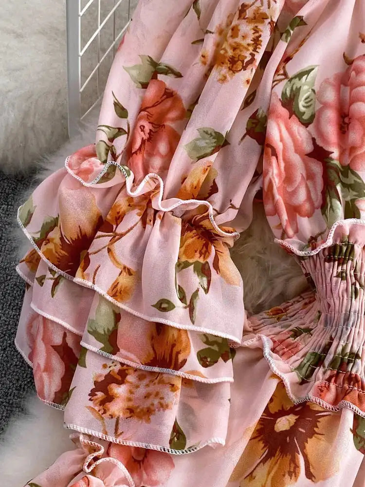 Summer New Off Shoulder  Wrap Waist to Show Thin A-line Fragmented Cake Dress Women's Beach Vacation Chiffon Long Dress GD820